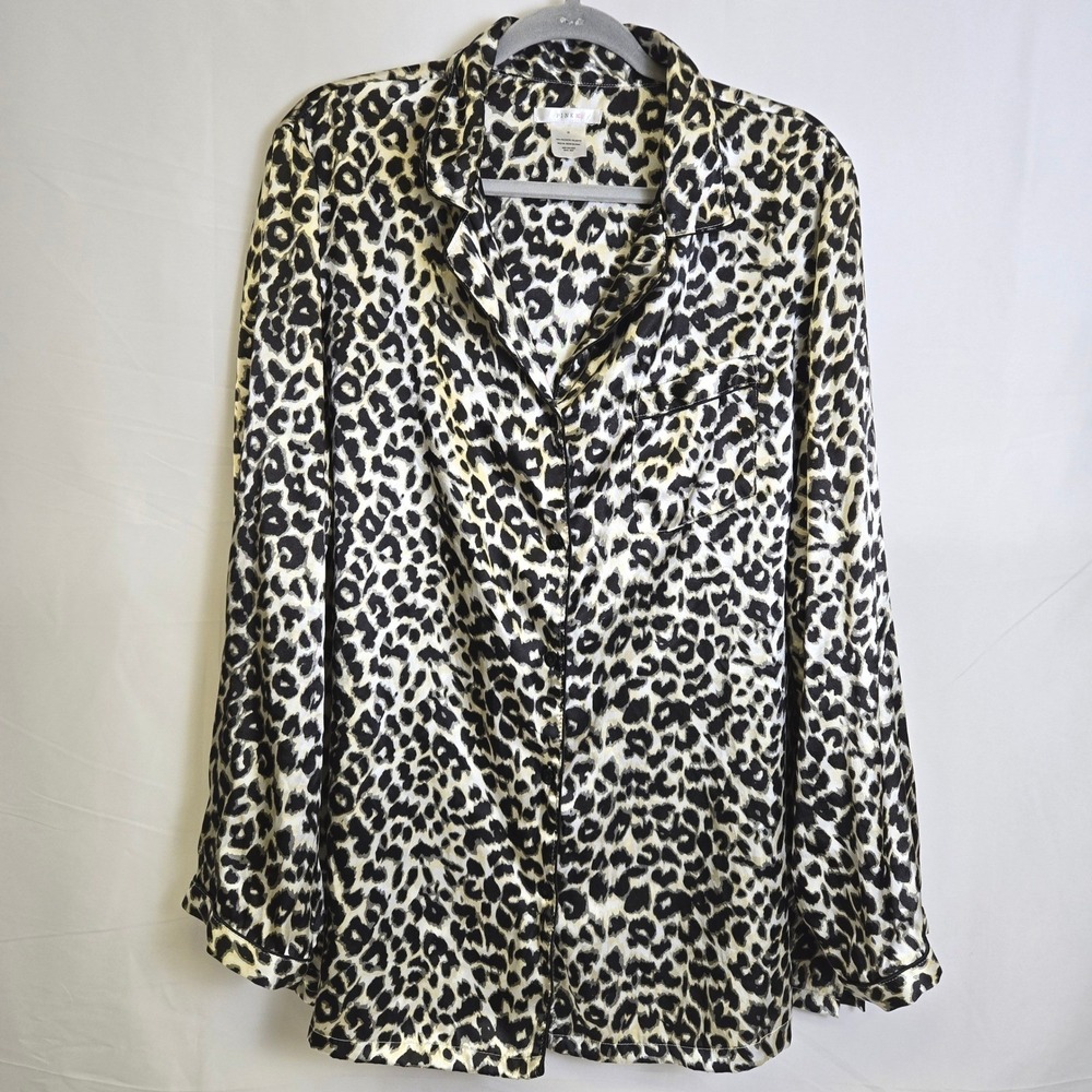 Pink K Leopard Print Satin Button-Down Pajama Top, Loungewear Sleepwear, 1x